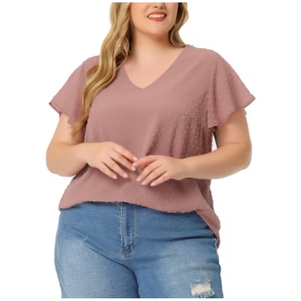 Tamara H Blue V-Neck Flutter Sleeve Smocked Shoulder Blouse Top Plus Size 2X - Picture 5 of 5